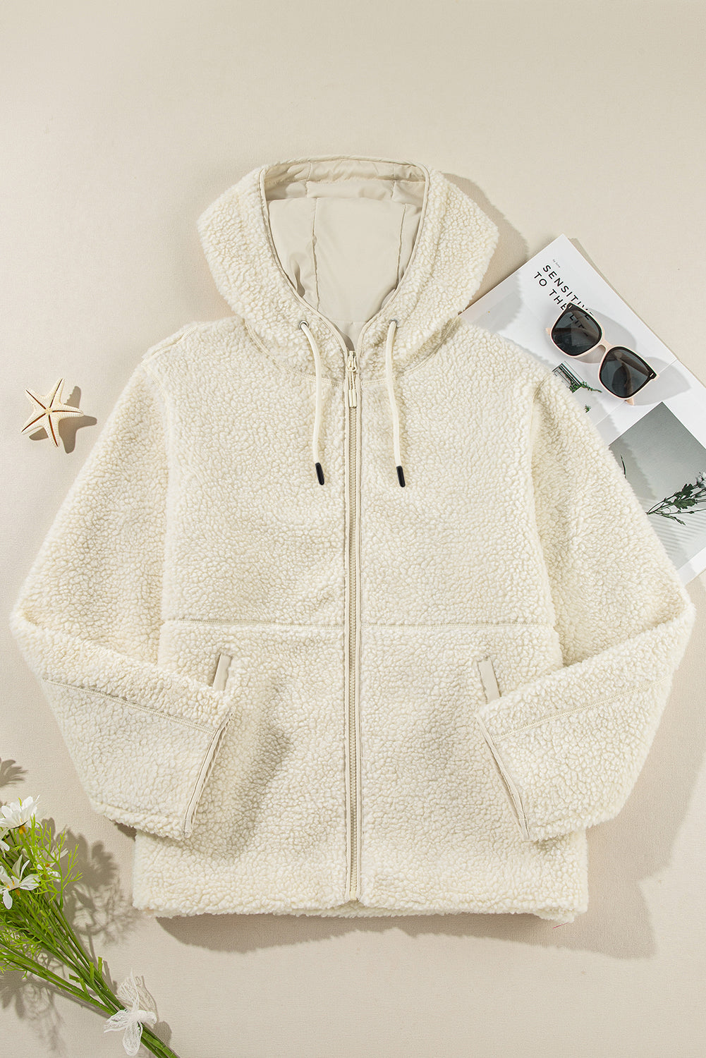 Pale Khaki Fleece Zip Up Drawstring Hooded Pocketed Jacket